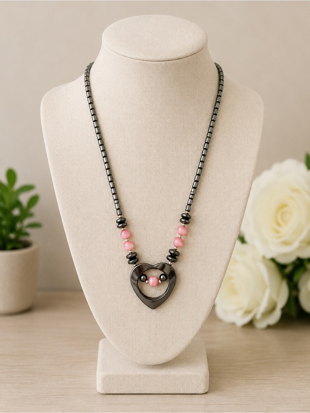 Heart Pendant Beaded Necklace in Pink and Hematite